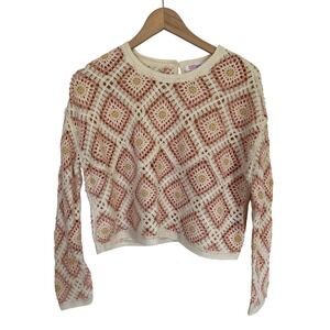 mini SOCIETY Crochet Granny Square Sweater XL Pink Cream Yellow Boho Open Knit